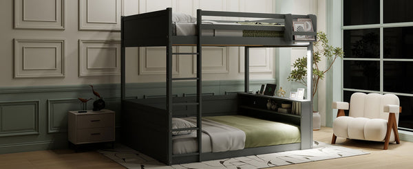 English Elm Queen Size Wooden Bunk Bed With Smart Storage, Led Light, Usb Charging & Modern Grey Finish N7090005006E-GIGA