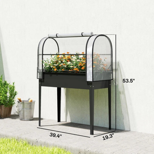 English Elm Modern Raised Steel Garden Bed with Greenhouse Cover for Year Round Outdoor Growing Black T3971P467893