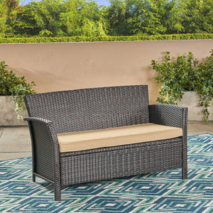 English Elm Christopher Knight Home® - ST LUCIA LOVESEAT Woven PE Rattan Outdoor Sofa with Waterproof Cushions, Rust‑Resistant Iron Frame, Cozy Seating Brown+Tan 62950.00BRN