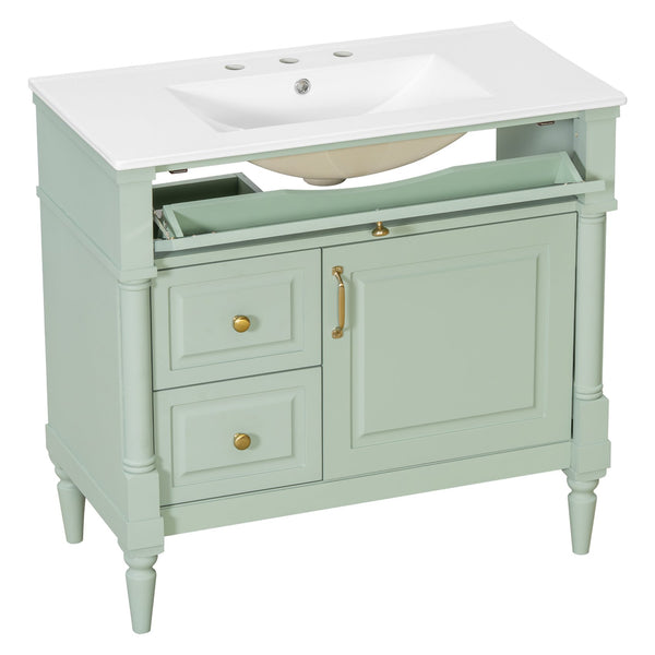 English Elm 36" Freestanding Bathroom Vanity With Stylish Ceramic Basin, Smart Storage & Elegant Green Finish N725P356064F