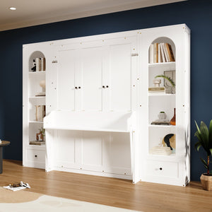 English Elm Queen Murphy Platform Bed with Foldaway Cabinet, Built-In LED, Side Cabinets & Drawers for Small Spaces White N7090002226K