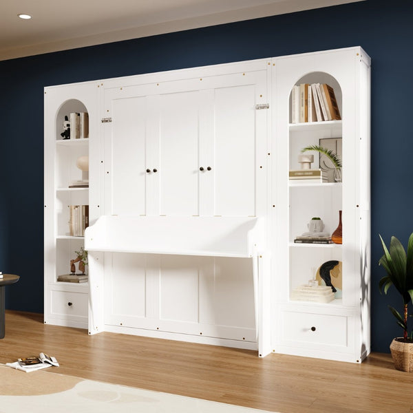 English Elm Queen Murphy Bed with Led Lighting Side Cabinets Shelving and Fold Down Desk Panel White N7090002226K-1