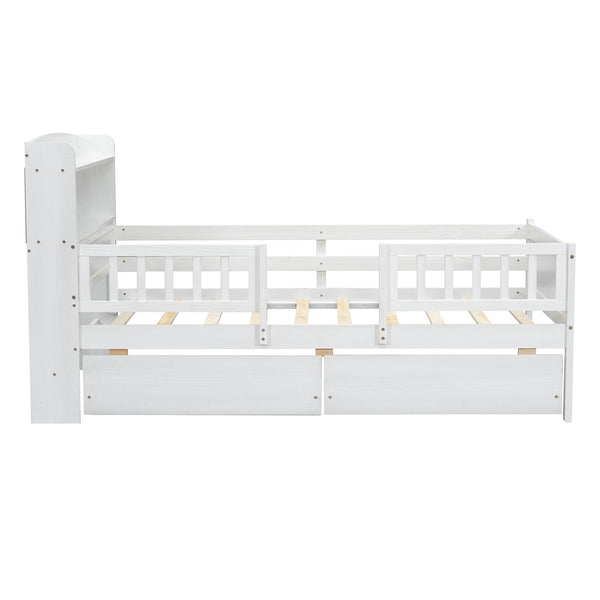 English Elm Wood Twin Size Platform Bed with Built-in LED Light, Multifunctional Headboard, Guardrail & Storage Drawers White N709P243969K