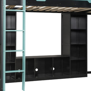 English Elm L-shaped Gaming Loft Bunk Bed Twin Wood Frame Rgb Lighting Usb Ports Storage Shelves Blue LT000295AAC
