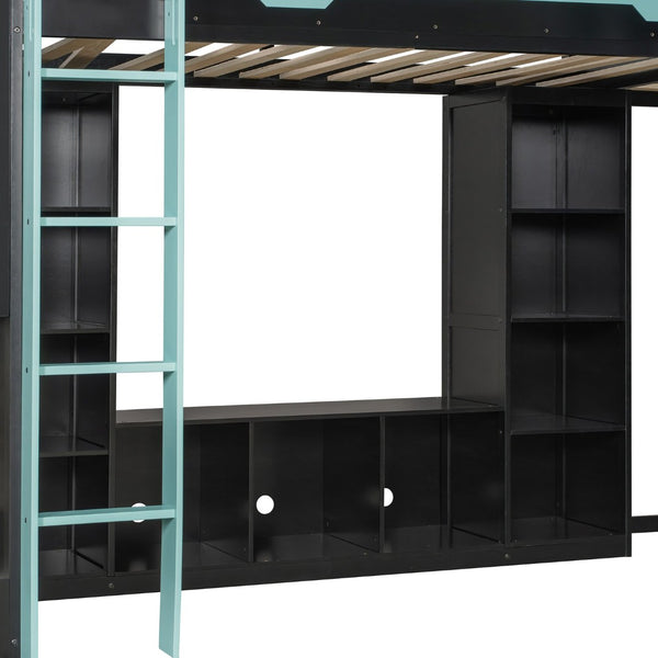 English Elm L-shaped Gaming Loft Bunk Bed Twin Wood Frame Rgb Lighting Usb Ports Storage Shelves Blue LT000295AAC