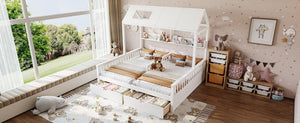 English Elm Double Twin House Bed Pine Wood Frame Kids Playhouse Bunk with Storage Drawers White W5305S00006