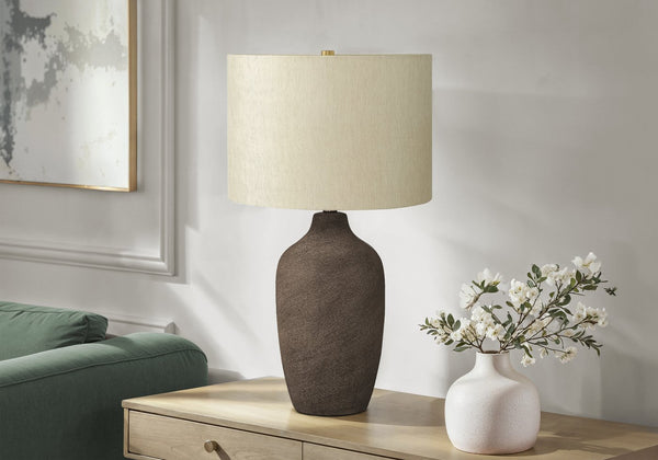 English Elm Lighting, Contemporary Grey Ceramic Table Lamp With Beige Shade & Gold Finial For Elegant Spaces B2710P220125