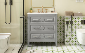 English Elm 30'' Bathroom Vanity with Ceramic Sink, Solid Wood Frame Retro Style Vanity with 3 Drawers & Gold Handles Gray N710P246209E