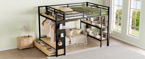 English Elm Queen Loft Bed Frame With Wardrobe & Shelves - Modern Metal Design For Space-Saving Storage & Work W1580S00233-GIGA