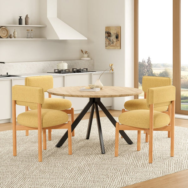 English Elm Modern Linen Upholstered Dining Chair Set Solid Wood Cross Base Removable Back Yellow T3623P466015