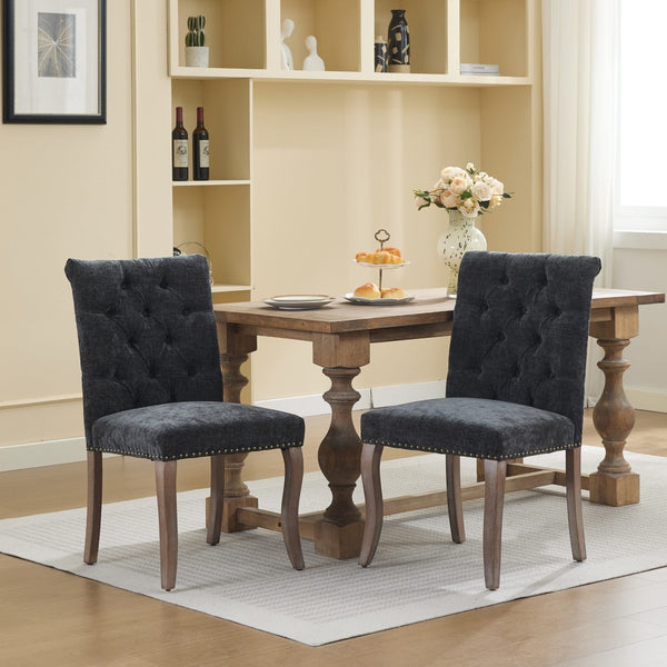 English Elm Upholstered Chenille Tufted Dining Chairs Set of 2 with Curved Wood Legs Club Style Black W1143P457781