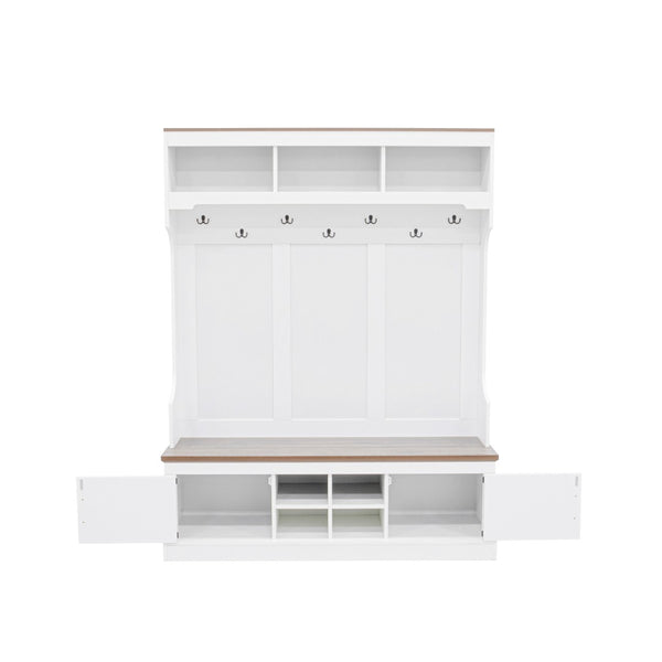 English Elm Vibe Haus Farmhouse Hall Tree with Bench Shoe Storage Hooks and Open Cubbies N724P380402K