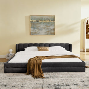 English Elm King Platform Bed Full Chenille Upholstery Low Profile Frame for Modern Bedroom Dark Gray W487S00434