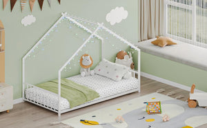English Elm Twin iron roof bed frame with LED light strips for kids, sturdy 350lb capacity, easy 30-min assembly White W1820P308330