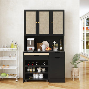 English Elm 69.29" Modern Buffet Cabinet with Cable Hole Cover, Mobile Kitchen Cart, Adjustable Shelves & Rattan Doors, Black W688S00054