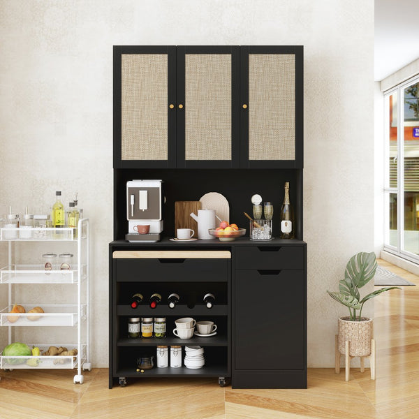 English Elm 69.29" Modern Buffet Cabinet with Cable Hole Cover, Mobile Kitchen Cart, Adjustable Shelves & Rattan Doors, Black W688S00054