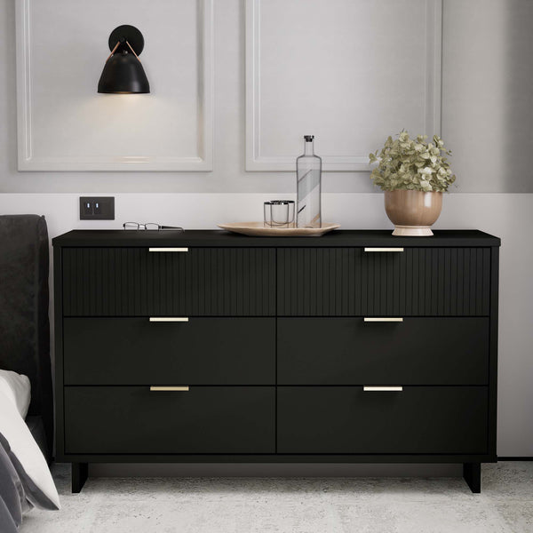 English Elm Granville 55" Black Dresser - Sleek Solid Wood Design With 6 Full-Extension Drawers & Gold Accents B365S00087