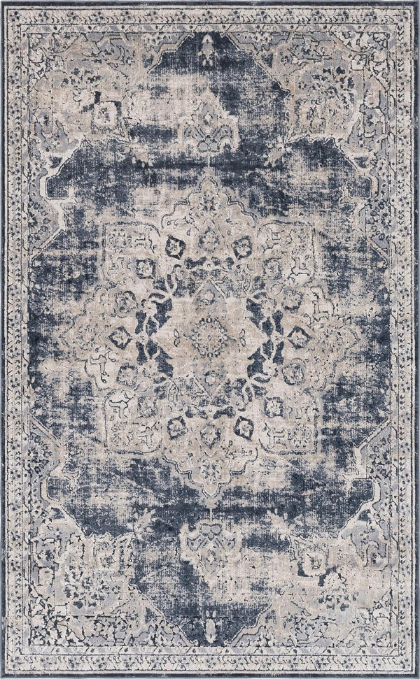 Unique Loom Chateau Roosevelt Machine Made Border Rug Navy Blue, Beige/Cream/Gray/Ivory 5' 1" x 8' 0"