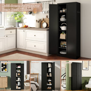 English Elm 61" Matte Black Steel Freestanding Pantry Cabinet with 4 Adjustable Shelves Modern Farmhouse T2398P465984