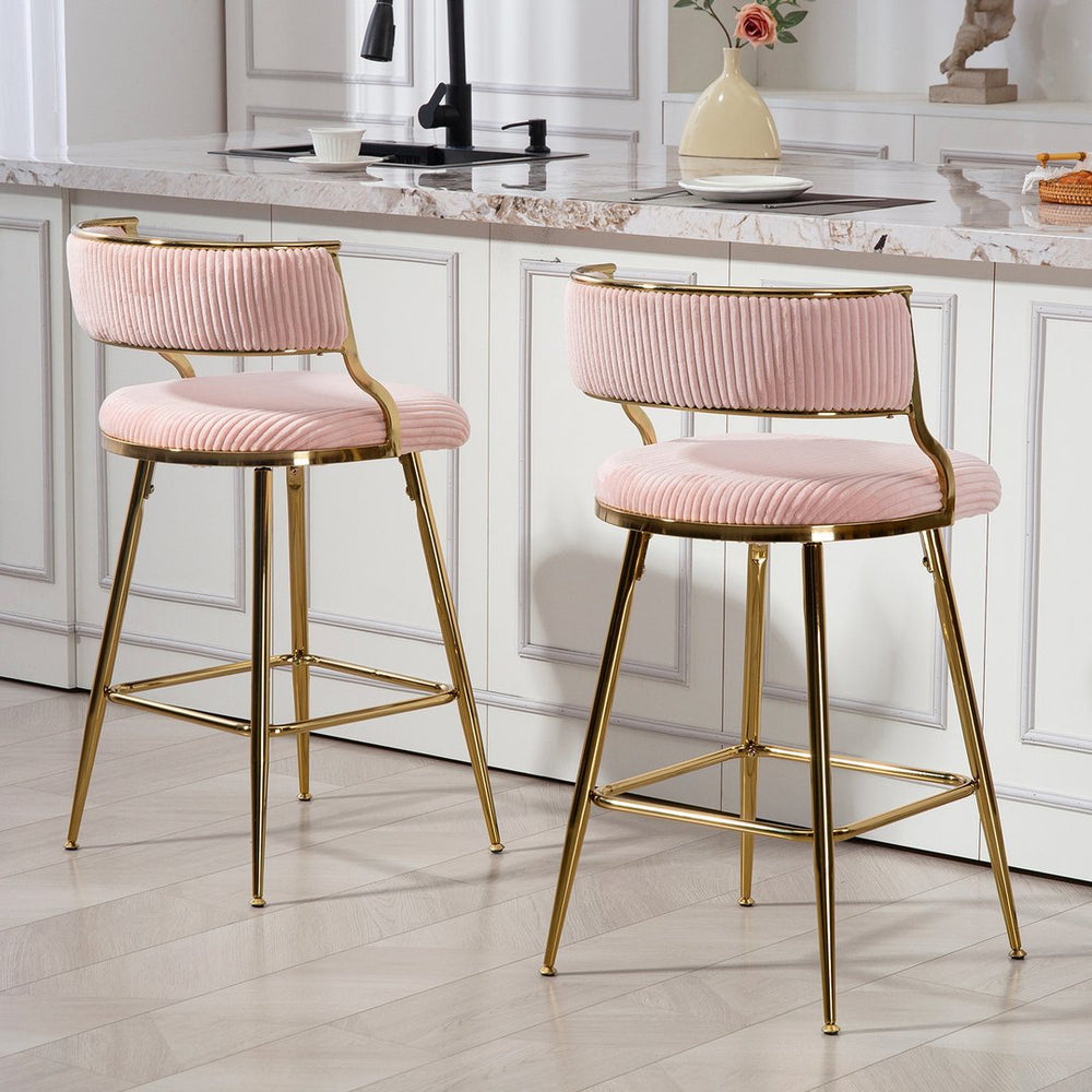 English Elm (SET of 2) 26'' Counter Height Bar Stools Pink Corduroy with Back Cushion, Gold Chrome Base & Footrest W2215P290561