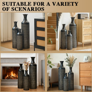English Elm Decorative Matte Black Metal Floor Vase Trio Embossed Texture for Modern Living Spaces W2796P386870