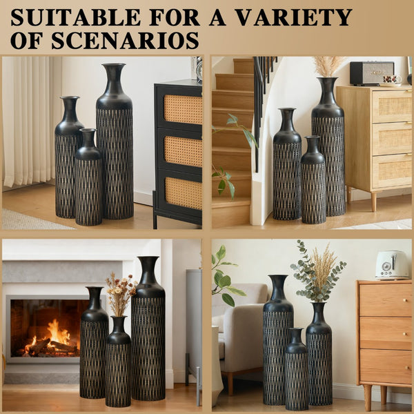English Elm Decorative Matte Black Metal Floor Vase Trio Embossed Texture for Modern Living Spaces W2796P386870