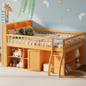 English Elm Full Size Kids Loft Bed with Led Headboard Open Shelving and Natural Wood Frame Natural N7090005024N