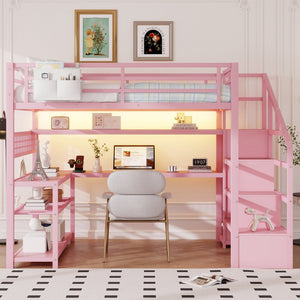 English Elm Full Size Steel Loft Bed with Staircase Storage Wardrobe Desk and Led Lighting Pink W2593S00077