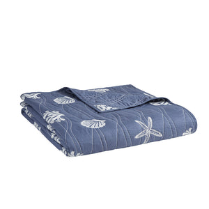 JLA Home Harbor House Blue - 4 Cotton Reversible Embroidered Quilt Set with Coastal Starfish & Seashell Motifs, OEKO-TEX Certified Navy HH13-1835