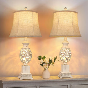 English Elm Table Rustic Farmhouse Bedside Lamps Set of 2 with Nightlight, 4-Way Rotary Switch, Linen Shade LED White W3355P391491