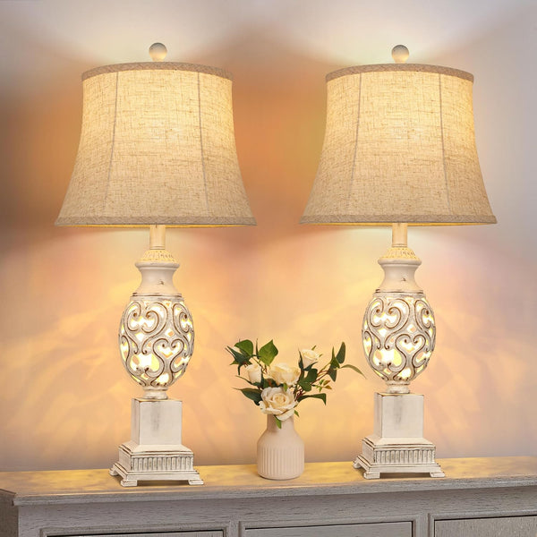 English Elm Table Rustic Farmhouse Bedside Lamps Set of 2 with Nightlight, 4-Way Rotary Switch, Linen Shade LED White W3355P391491