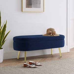 English Elm Ottoman Oval Flannel Storage Bench with Matte Metal Legs for Bedroom or Living Room Dark Blue W487P438630