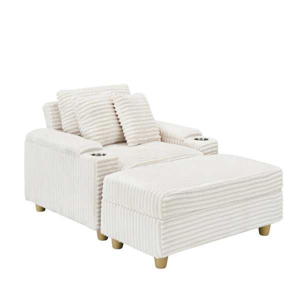 English Elm White Corduroy Single Sofa with Built-In Arm Storage, Ottoman Storage, Removable Covers, 57" W1658S00138