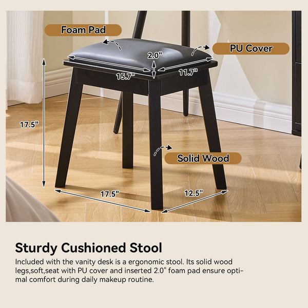 English Elm Modern Makeup Vanity Desk with Slide-Out Cabinet, LED Mirror, 4 Soft-Close Drawers & Cushioned Stool Black N844P257529B