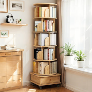 English Elm 6 Tier Rotating Bookshelf 360° Spinning Tower with Lockable Wheels, Drawer & Stable Base for Home Office Wood W3204P309484
