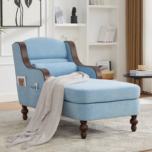 English Elm UNITED Oversized Chaise Lounge Sofa Bed with Solid Wood Arms, High-Resilience Foam, 800lb Capacity and Storage Pockets Light Blue W1568S00209