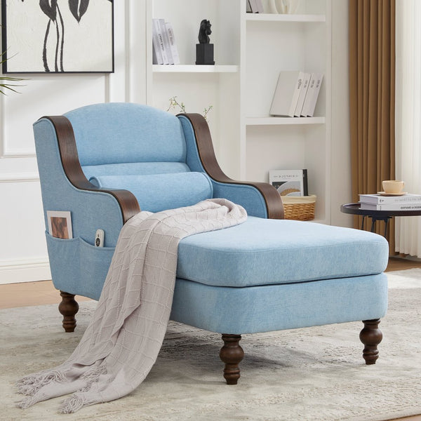 English Elm UNITED Oversized Chaise Lounge Sofa Bed with Solid Wood Arms, High-Resilience Foam, 800lb Capacity and Storage Pockets Light Blue W1568S00209