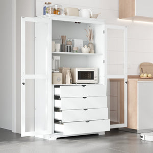 English Elm Topmax Solid Pine Pantry Cabinet with Glass Doors Four Drawers Farmhouse Storage White SP000086AAK