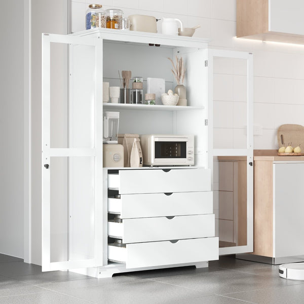 English Elm Topmax Solid Pine Pantry Cabinet with Glass Doors Four Drawers Farmhouse Storage White SP000086AAK