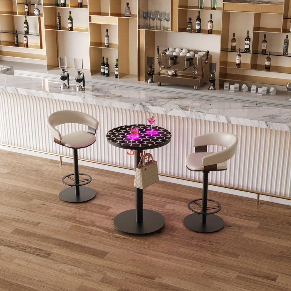 English Elm Bar Round Cocktail Table with LED Lights & Glass Top, Heavy Steel Base, 300lb Capacity, Black W1765S00114