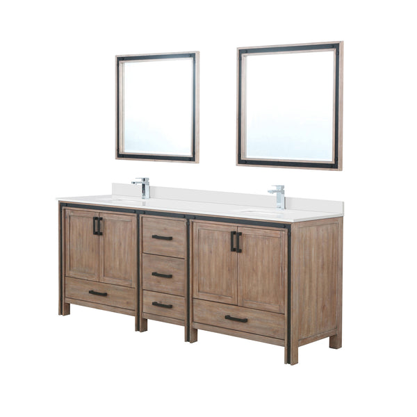 English Elm Rustic Barnwood Double Bath Vanity 84" W x 22" D with White Quartz Top, Chrome Faucets & 34" Mirrors B2731S01137