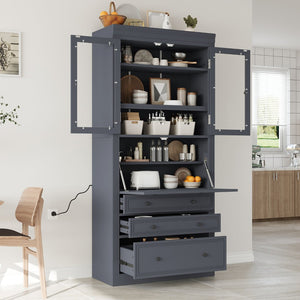 English Elm Topmax Shaker Pantry Cabinet with Drawers Power Outlet and Glass Doors SP000094AAE