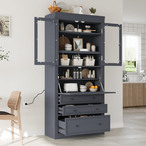 English Elm Topmax Shaker Pantry Cabinet with Drawers Power Outlet and Glass Doors SP000094AAE