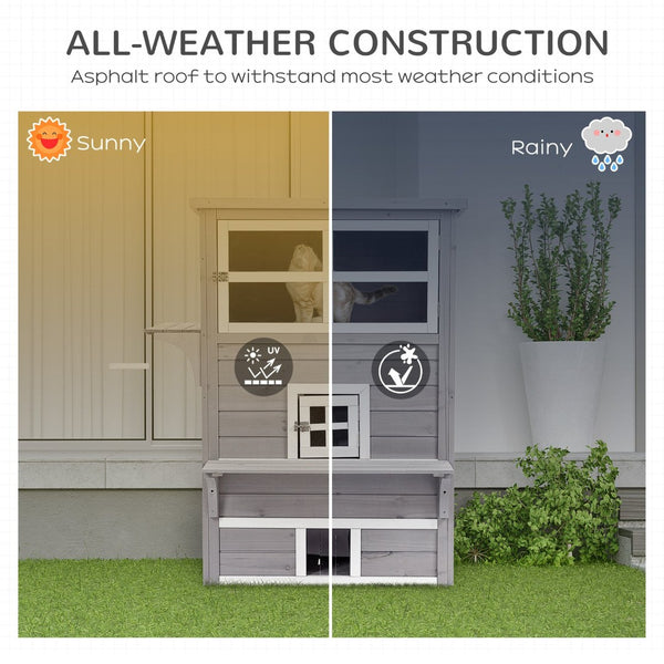 English Elm Pawhut 3-Story Cat House - Cozy Multi-Level Feral Shelter With Escape Doors, Jumping Platforms, Grey W2225P200611-GIGA