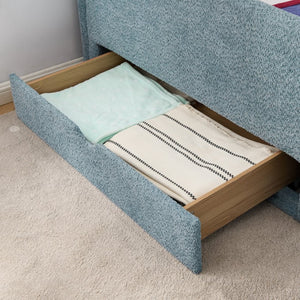 English Elm Twin Boucle Upholstered Kids Bed with Guardrails Built in Storage and Cushioned Step Stool Navy W1413P433366
