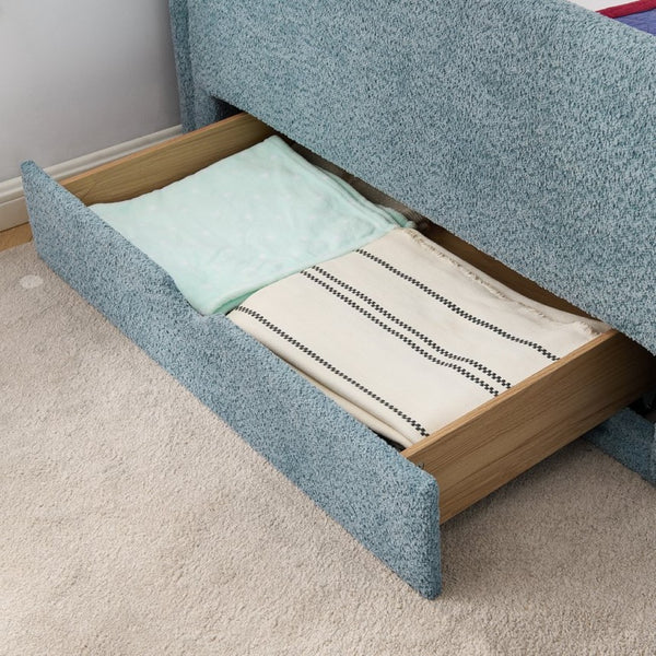 English Elm Twin Boucle Upholstered Kids Bed with Guardrails Built in Storage and Cushioned Step Stool Navy W1413P433366