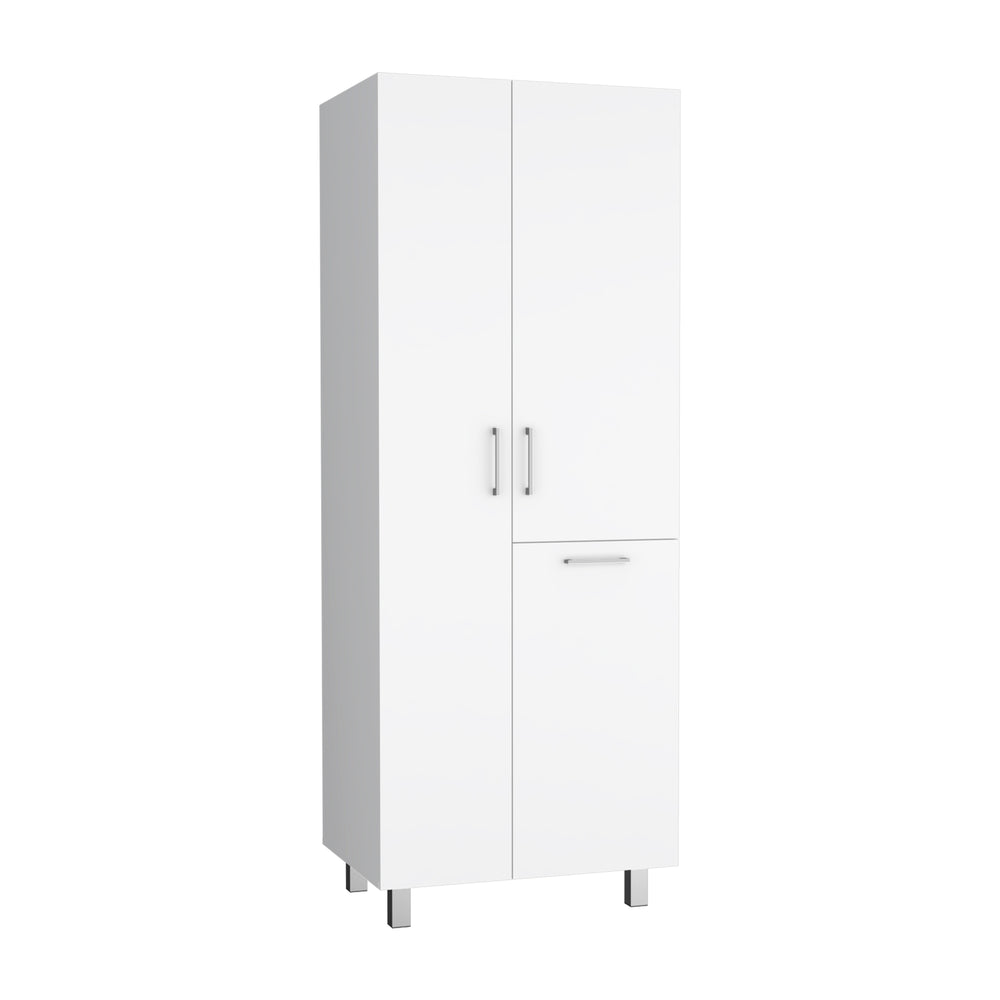 English Elm Iris 71" Tall Two-Door Broom Closet With Built-In Hamper, Adjustable Shelves, Slim White Storage B070S00402