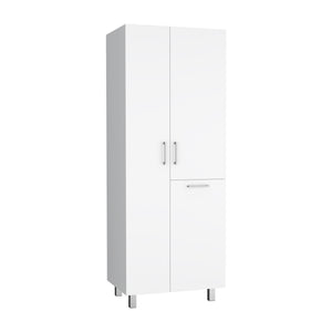 English Elm Iris 71" Tall Two-Door Broom Closet With Built-In Hamper, Adjustable Shelves, Slim White Storage B070S00402