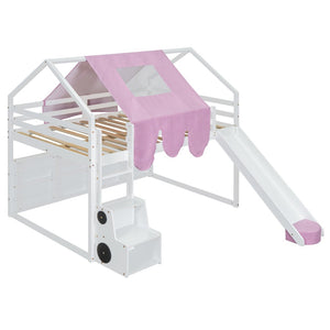 English Elm Full Size Kids House Loft Bed Pinewood Frame with Tent Slide and Play Storage White LT000683AAK