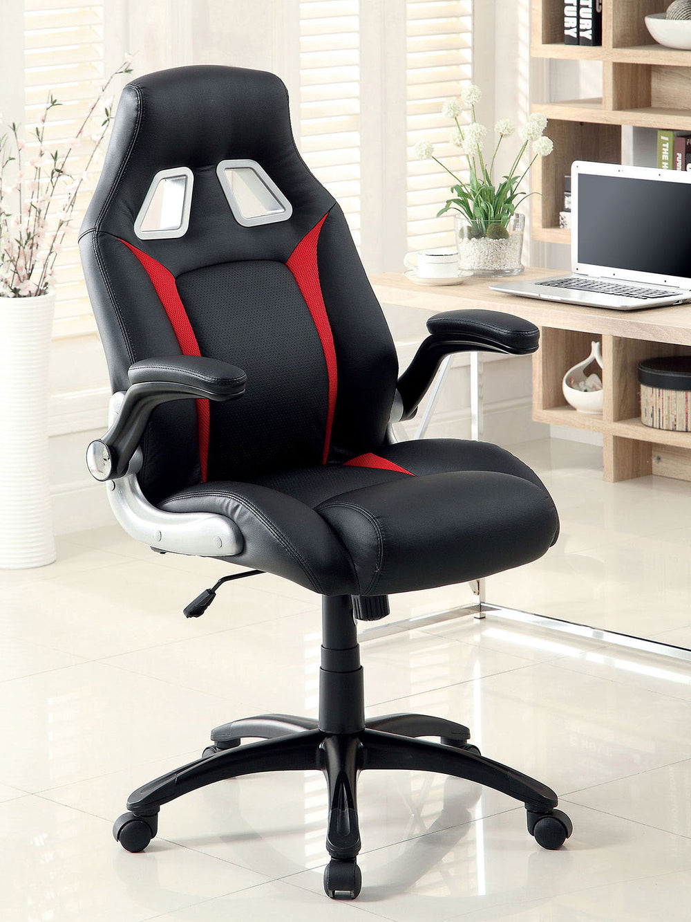 English Elm Modern Black Leatherette Office Chair with Red & Silver Accents, Pneumatic Height, Gaming Style Comfort B2741P340576